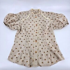 Free People Emeline Blouse 8 Tan Floral Balloon Sleeve Victorian Cottagecore EUC